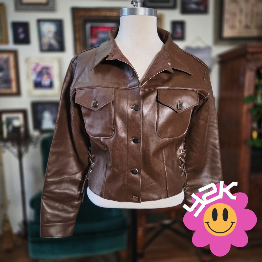 Ashley Int. Faux Leather Jacket Vintage Y2K Brown Lace Up‎ Side Cropped XL NWT